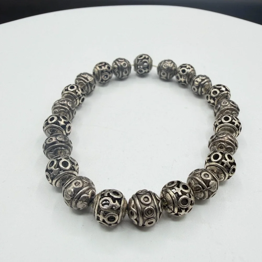 Silver Tone Ornate Beaded Stretch Bracelet Boho Statement Stackable Gift Fashion